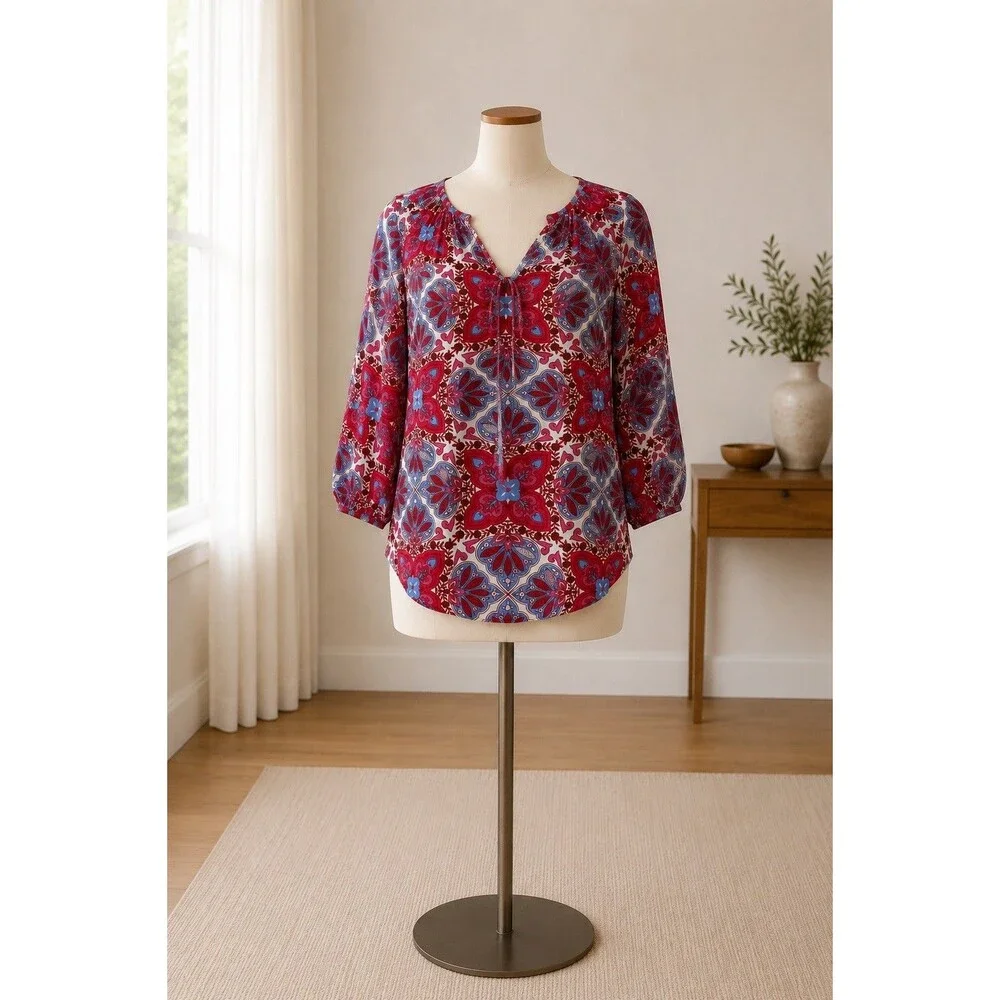 Karen Kane L Boho Medallion Print Split V-Neck Tie Blouse 3/4 Sleeve Viscose
